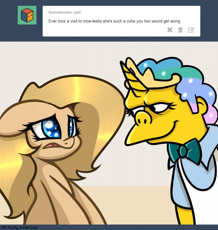 duo female feral horn male smile text slavedemorto hasbro my_little_pony the_simpsons backy_(mlp) fan_character moe_szyslak earth_pony equid equine horse human mammal pony crossover english_text hi_res