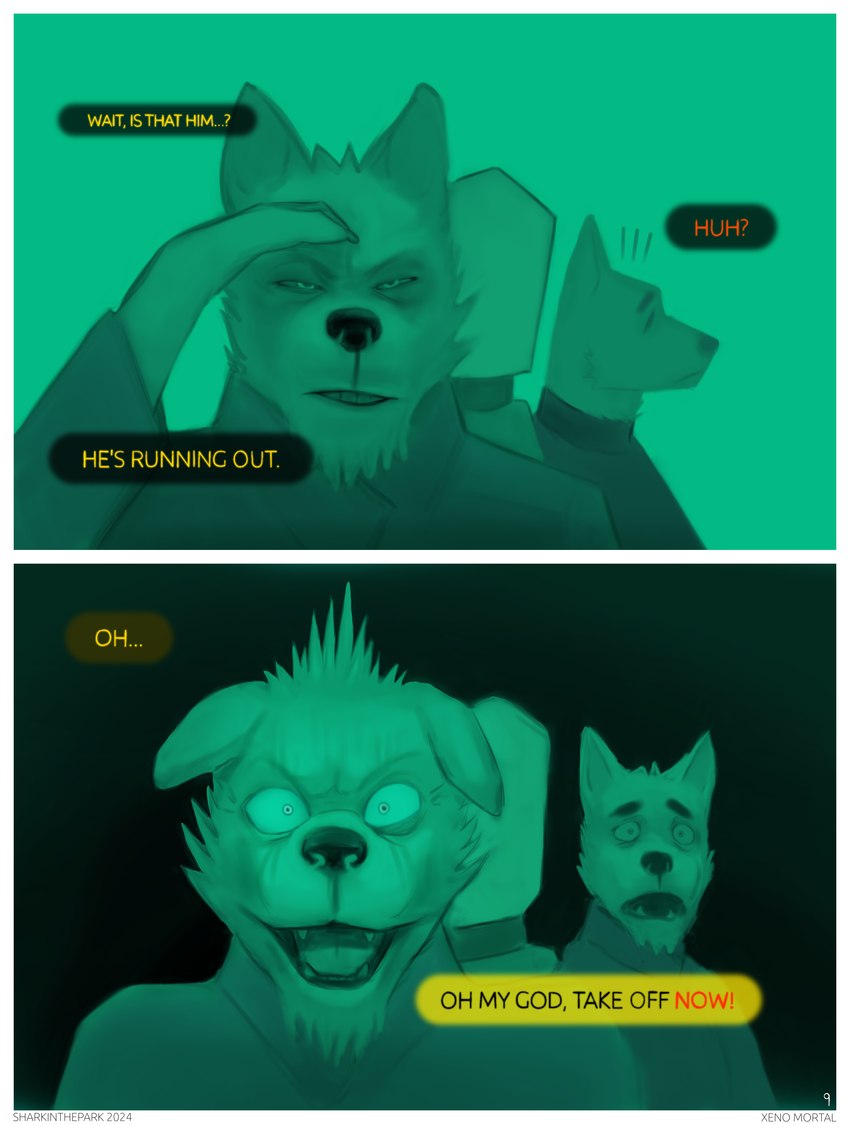 anthro command dialogue duo eyebrows horror_(theme) male narrowed_eyes open_mouth panicking questioning_tone scared speech_bubble squint surprise surprised_expression text thick_eyebrows sharkinthepark canid canine canis mammal wolf 2024 absurd_res comic english_text hi_res