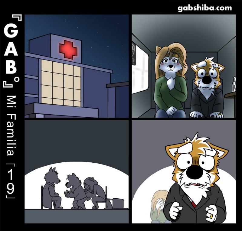 barefoot brown_body brown_fur brown_hair doctor emotional facial_hair feet fur hair hospital mustache shocked text white_body white_fur wide_eyed gabshiba gab_(comic) gaby_shiba gao_shiba canid canine canis domestic_dog mammal shiba_inu spitz comic url