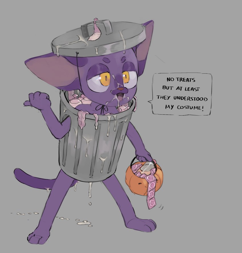 anthro biped bodily_fluids clothing condom costume cum cum_on_face eyebrows filled_condom fingers genital_fluids holding_object holidays inside_trash_can male open_mouth open_smile purple_body sexual_barrier_device smile solo tail text trash_can yellow_eyes young young_anthro young_male nononge halloween purple_cat_(nononge) domestic_cat felid feline felis mammal absurd_res english_text hi_res