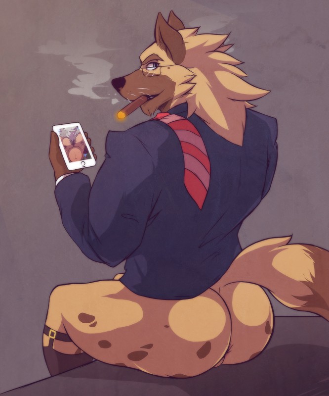 anthro anus big_butt biped bottomless butt cellphone cigar clothed clothing electronics eyewear footwear garter_belt garter_belt_socks garter_straps glasses looking_at_viewer looking_back male phone sitting smoke smoking socks solo bcokami hyena mammal spotted_hyena 5:6 hi_res