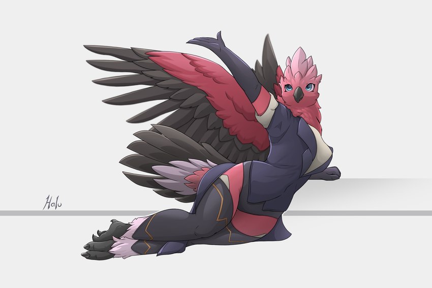 3_toes anthro avian_feet barefoot beak blue_eyes claws clothing feathers feet female footwear gloves handwear leg_warmers legwear pink_body pose solo suit tail tail_feathers talons toes wings halu avian bird cockatoo galah parrot 3:2 hi_res