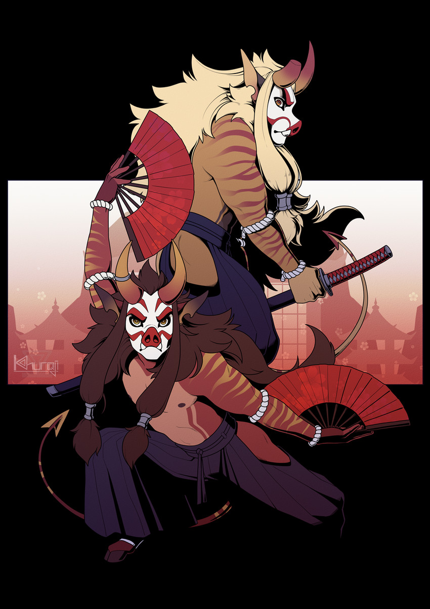 anthro asian_clothing bottomwear clothed clothing duo east_asian_clothing fur hair hakama hand_fan holding_object hooves japanese_clothing katana looking_at_viewer male melee_weapon simple_background standing stripes sword teeth topless weapon khuraji demon mammal suid suina sus_(pig) wild_boar alpha_channel digital_media_(artwork) hi_res sibling_(lore) twins_(lore)