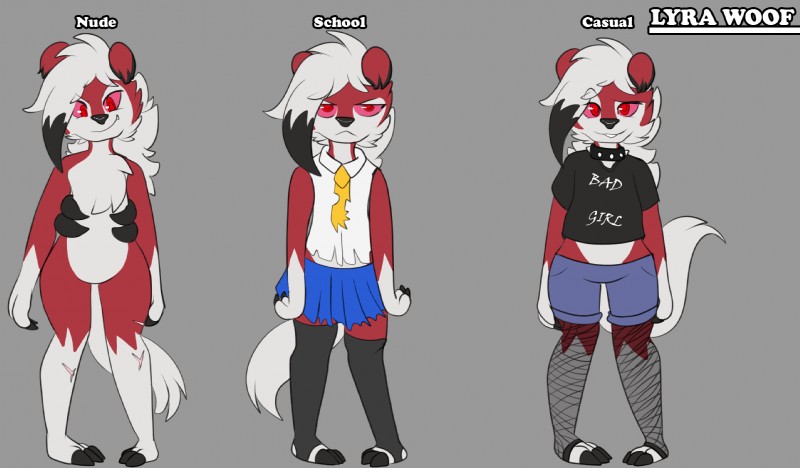 adolescent anthro clothing collar female fishnet_clothing front_view grumpy hair nude red_eyes scar school_uniform simple_background smile solo standing torn_clothing uniform young kitsunekotaro nintendo pokemon fan_character lyra_woof generation_7_pokemon lycanroc midnight_lycanroc pokemon_(species) hi_res model_sheet