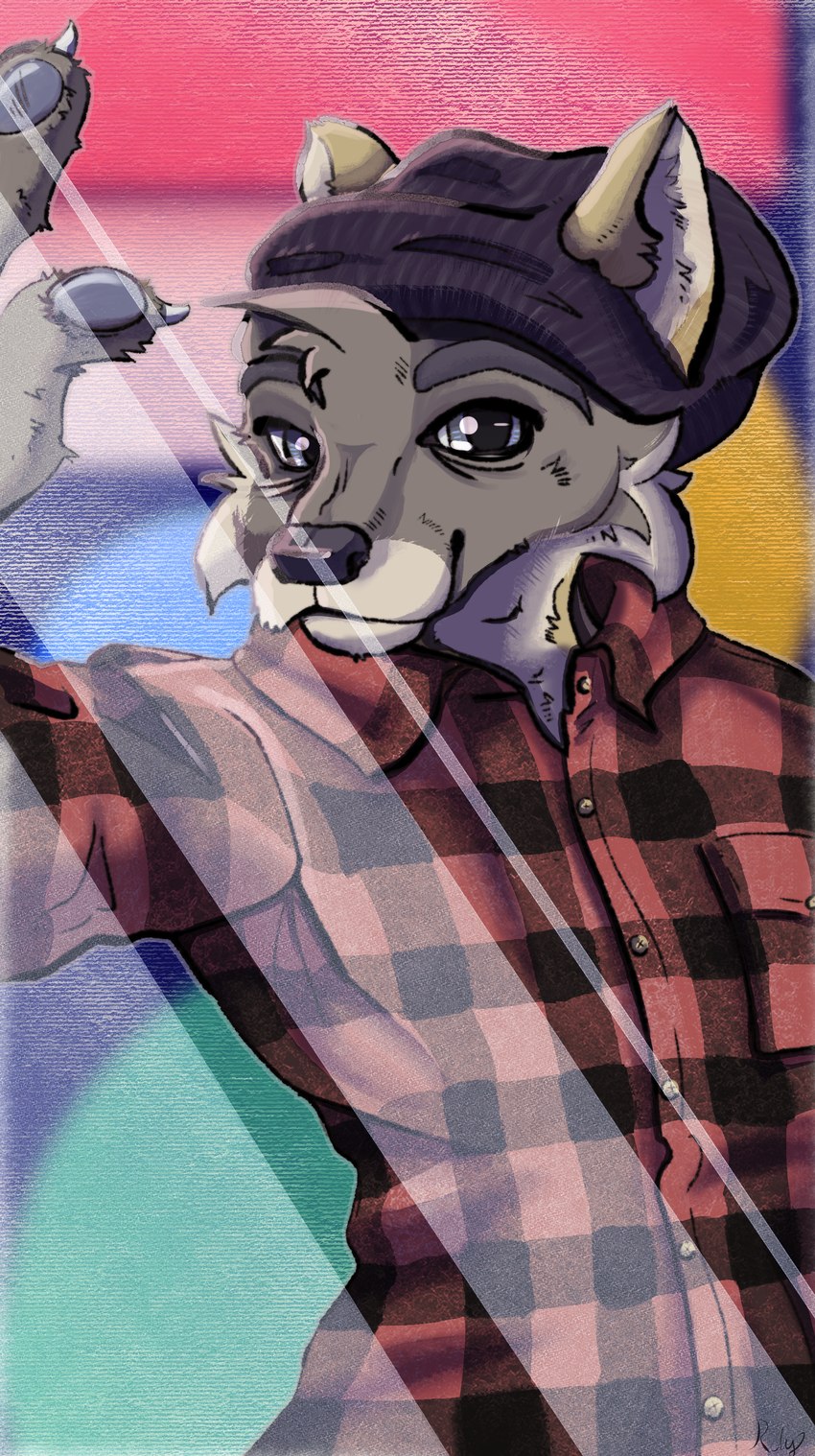 anthro beanie blue_eyes clothed clothing fur grey_body grey_fur hat headgear headwear male pattern_clothing plaid plaid_clothing shirt topwear rdy zgf_art canid mammal 2024 absurd_res hi_res