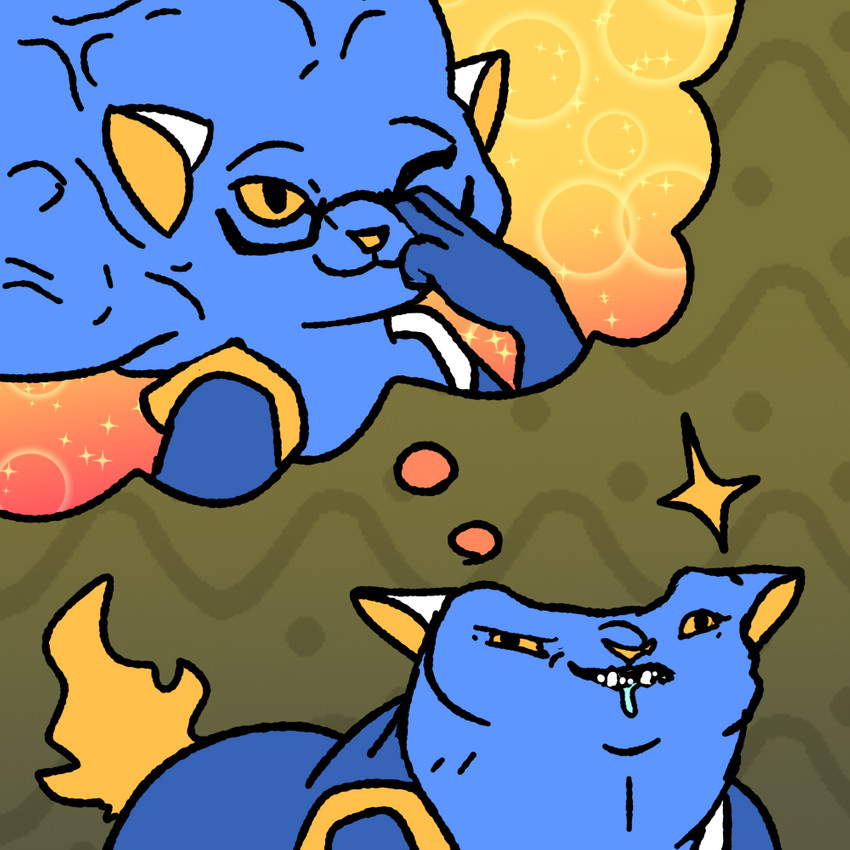 ambiguous_gender blue_body bodily_fluids colored-in delusional drooling eyewear feral glasses humor mascot orange_eyes saliva simple_background solo sparkles teeth thinking thought_bubble thoughtful_expression blitzdrachin conditional_dnp brainlet e621 esix wojak domestic_cat felid feline felis mammal 1:1 digital_drawing_(artwork) digital_media_(artwork) flat_colors meme reaction_image