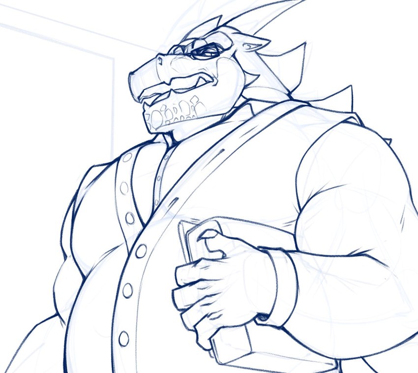 anthro book claws clothing eyewear finger_claws glasses horn looking_down male musclegut muscular open_mouth shirt solo sweater sweater_vest teacher topwear vest chibsarts european_mythology mythology chiderg dragon mythological_creature mythological_scalie scalie western_dragon hi_res