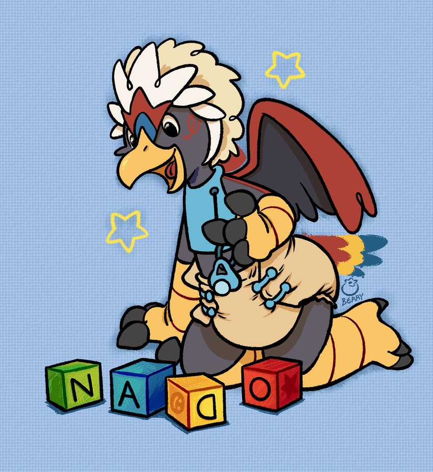 3_toes 4_fingers abdl adult_baby ageplay anthro back_wings beak bib black_claws black_eyes black_finger_claws black_talons black_toe_claws block blue_background blue_bib blue_cere blue_diaper_fastener blue_fastener blue_pacifier blue_tail blue_tail_feathers blue_tail_tip cere_(anatomy) claws clean_diaper cloth_diaper clothed clothing diaper diaper_fastener diaper_fetish dipstick_tail fastener feather_hair feathered_crest feathered_wings feathers feet finger_claws fingers furgonomic_pacifier furgonomics glistening glistening_eyes grey_arms grey_body grey_face grey_legs grey_wings hallux happy head_crest humanoid_hands infantilism kneeling logo male markings multicolored_body multicolored_tail multicolored_tail_feathers open_mouth pacifier pacifier_clip pacifier_cord playing_with_toys pokemorph pseudo_hair red_back red_body red_feathered_crest red_tail red_tail_feathers red_wings roleplay scuted_arms scuted_feet scuted_hands scuted_legs scutes simple_background smile solo star star_symbol tail tail_feathers tail_markings talon_hands talons tan_cloth_diaper tan_feather_hair text toe_claws toes tongue toy wearing_diaper white_feathered_crest wings yellow_arms yellow_beak yellow_feet yellow_hands yellow_legs yellow_tail yellow_tail_feathers berrysweetcow nintendo pokemon fan_character nado_soarian animal_humanoid avian avian_humanoid braviary generation_5_pokemon humanoid pokemon_(species) artist_logo artist_name digital_drawing_(artwork) digital_media_(artwork) hi_res