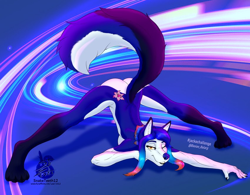 anthro ass_up athletic athletic_female belly blue_body blue_fur blue_hair blue_nose digitigrade female flower_tattoo fluffy fluffy_tail fur hair jack-o'_pose long_tail looking_at_viewer one_eye_closed pose slim smile smiling_at_viewer solo spread_legs spreading tail white_belly white_face wink yellow_eyes snaketeeth12 basian canid canine canis domestic_dog husky mammal nordic_sled_dog spitz digital_drawing_(artwork) digital_media_(artwork) hi_res