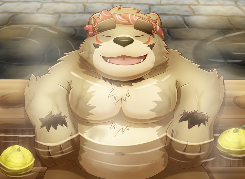 anthro bathing belly brown_body brown_fur brown_nose cute_fangs detailed_background eyes_closed fangs fur humanoid_hands kemono male moobs navel overweight overweight_male sitting solo teeth water kuremura62213 sengoku_puzzle saigou_shirou bear mammal 2021