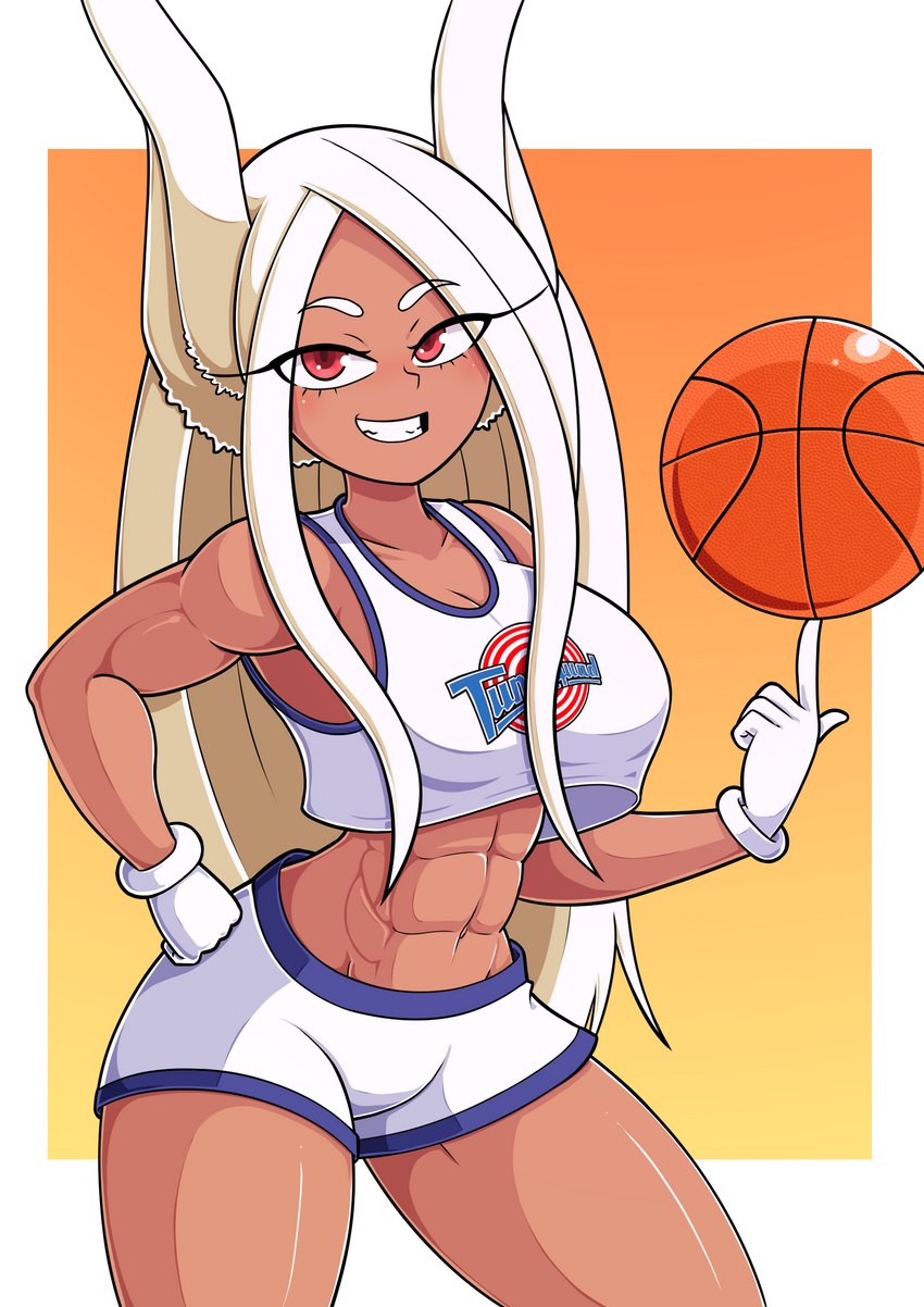 abs ball basketball_(ball) bottomwear breasts brown_body brown_skin cleavage clothed clothing cosplay crossover_cosplay female gloves hair handwear long_hair midriff muscular muscular_female muscular_humanoid shorts simple_background smile solo tune_squad_outfit tune_squad_outfit_(1996) white_hair snowmantofu looney_tunes my_hero_academia space_jam warner_brothers lola_bunny rumi_usagiyama animal_humanoid humanoid lagomorph lagomorph_humanoid mammal mammal_humanoid absurd_res crossover hi_res