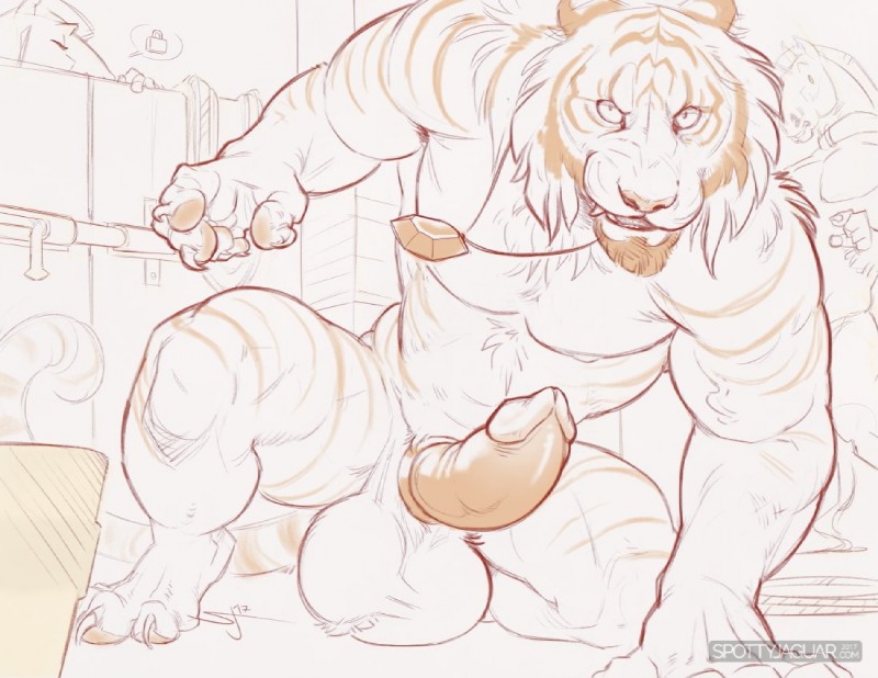 anthro balls big_balls claws crouching erection facial_hair genitals huge_balls jewelry looking_at_viewer male muscular muscular_anthro muscular_male necklace pecs penis smile smirk solo text spottyjaguar winterrock_(partran) partran_(tiger) felid mammal pantherine tiger