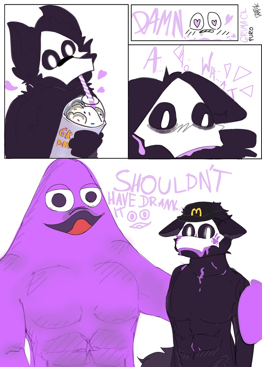 4_fingers anthro comic_panel duo expressions fingers grimace latex male mascot muscular text pak784 changed_(video_game) grimace_shake mcdonald's grimace_(mcdonald's) puro_(changed) goo_creature absurd_res hi_res meme