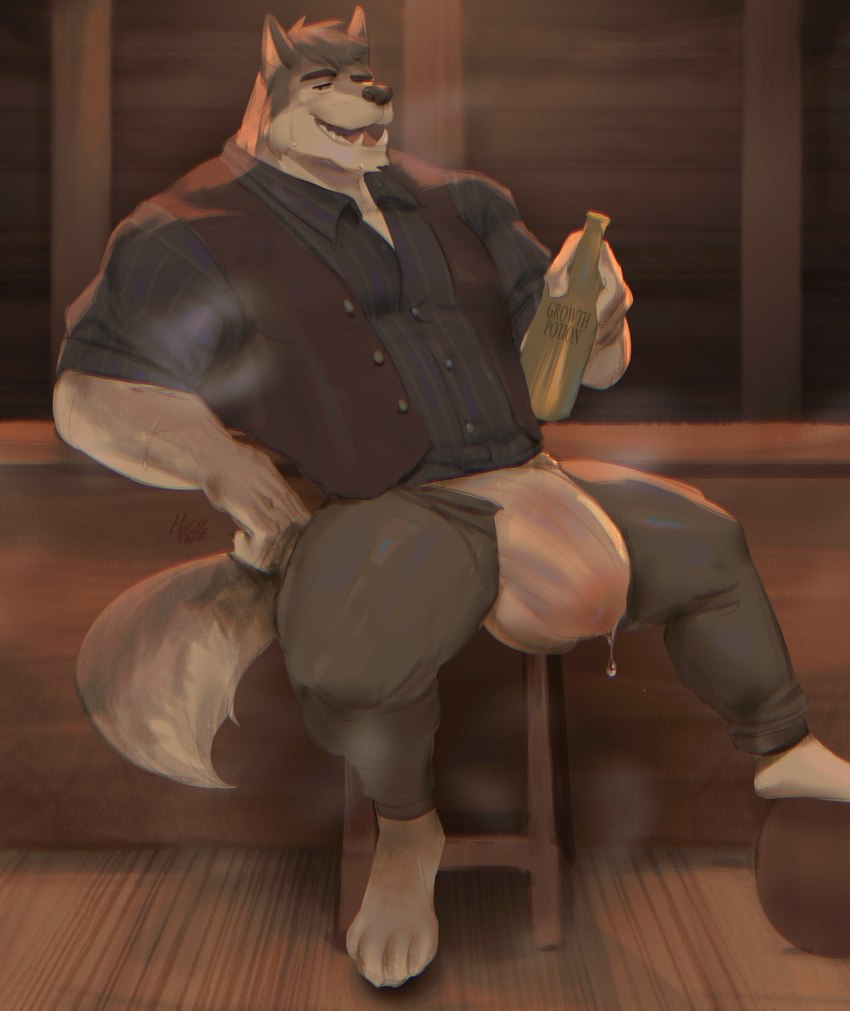 anthro bar barazoku beverage big_bulge bodily_fluids bottomwear brown_body brown_fur bulge chair clothed clothing dripping eyebrows fur furniture genital_fluids grey_body grey_fur growth_potion holding_beverage holding_object leaking leaking_precum male muscular muscular_anthro muscular_male musk musk_clouds on_chair open_bottomwear open_clothing open_pants pants precum precum_drip raised_eyebrow sitting sitting_on_chair smile solo sweat sweatdrop topwear tusks underwear uniform vest white_body white_fur huzzhuz echo_(game) echo_(series) echo_project the_smoke_room kane_dunbar canid canine canis mammal wolf 2024 digital_media_(artwork) hi_res