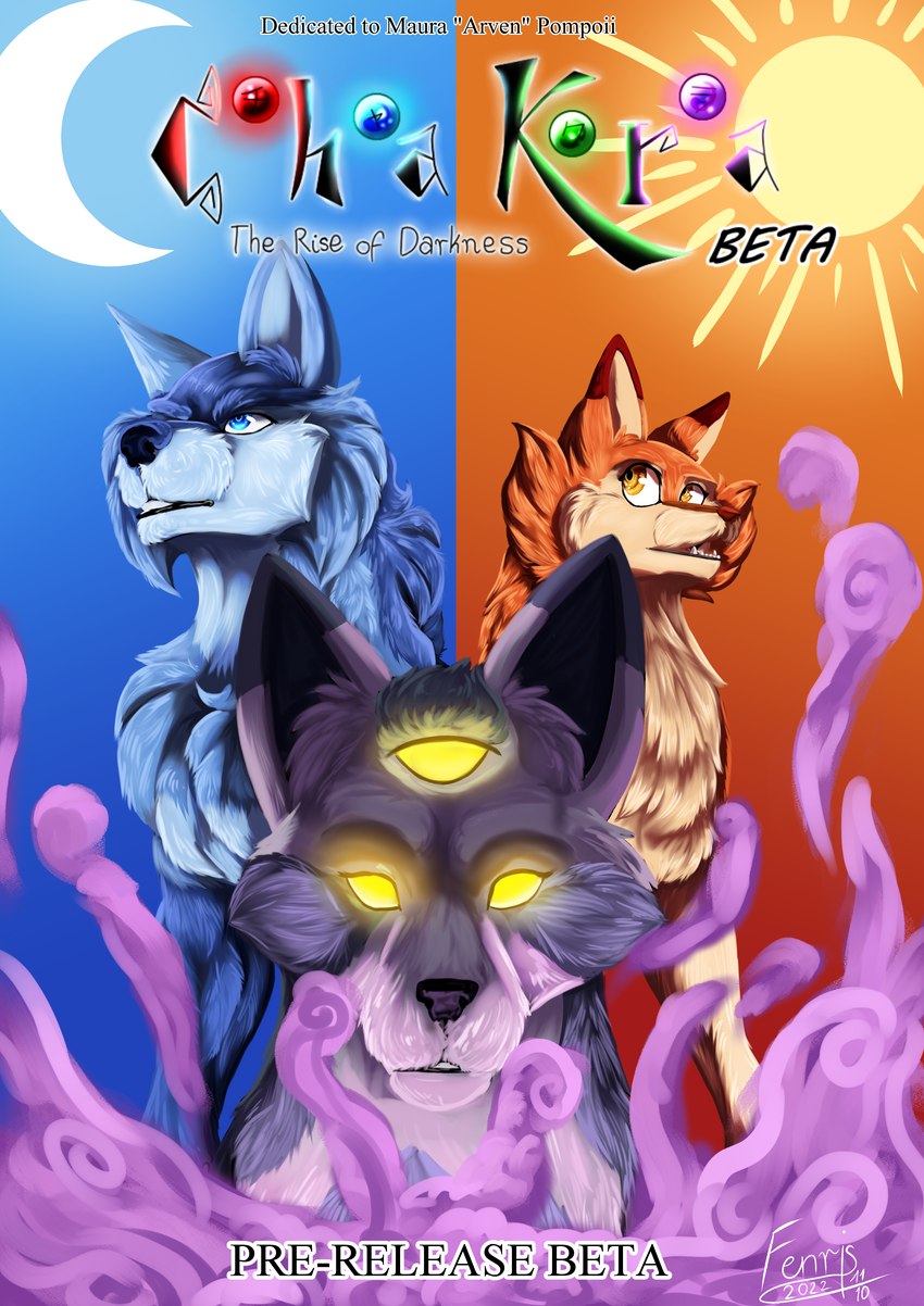 3_eyes brush detailed_shading female feral glistening glistening_eyes group highlights_(coloring) male moon multi_eye smoke sun text title trio fenris64 panthera_arven canid canine canis mammal wolf absurd_res cover english_text hi_res