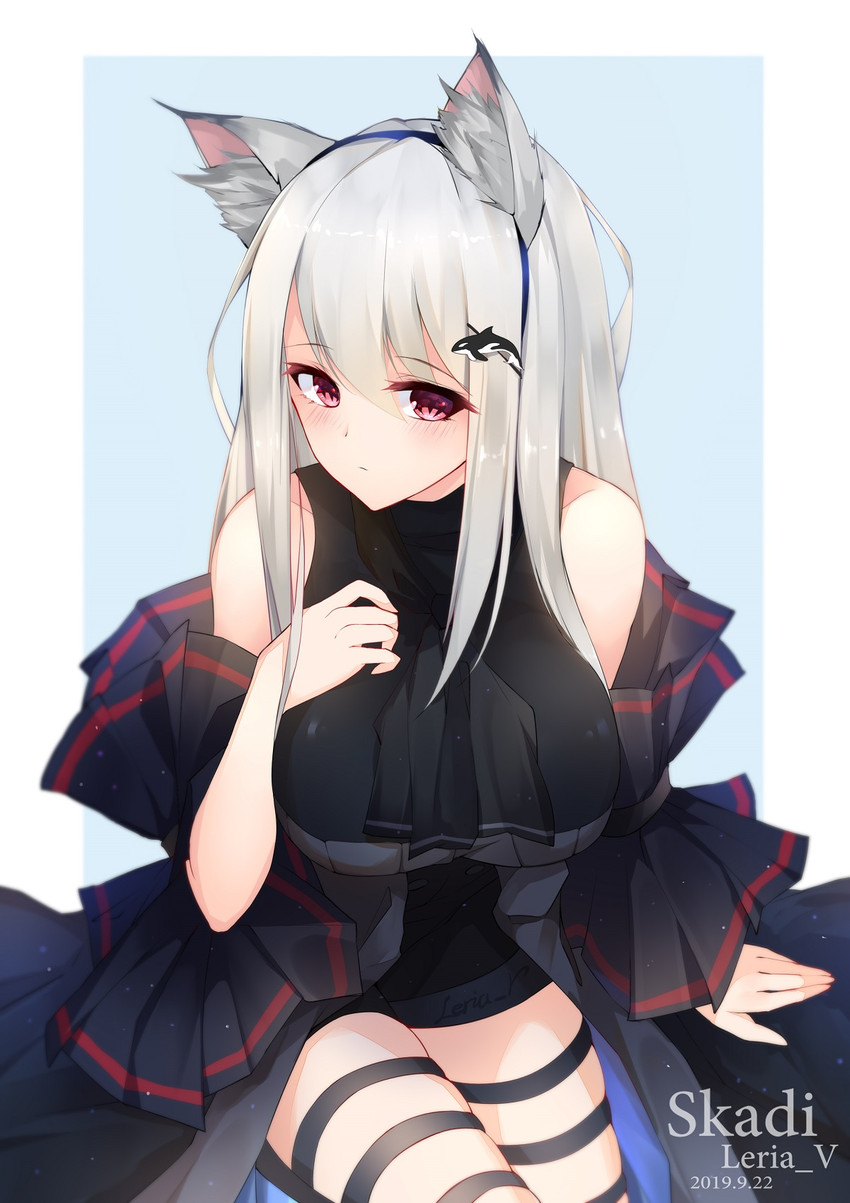 big_breasts blush breasts clothing female hair legwear long_hair red_eyes simple_background solo stockings white_background white_hair leria_v arknights hypergryph studio_montagne skadi_(arknights) animal_humanoid humanoid 2019 hi_res