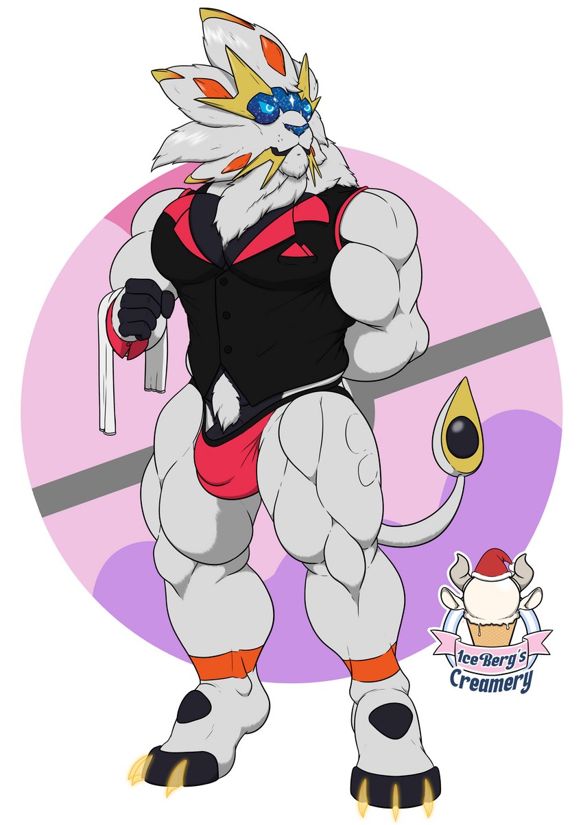 abs anthro big_pecs bulge clothed clothing fur hand_behind_back male mane muscular muscular_anthro muscular_male partially_clothed pecs pubes sleeveless_jacket solo standing suit_jacket towel underwear waiter white_body 1ceberg nintendo pokemon felid generation_7_pokemon legendary_pokemon mammal pokemon_(species) solgaleo absurd_res hi_res