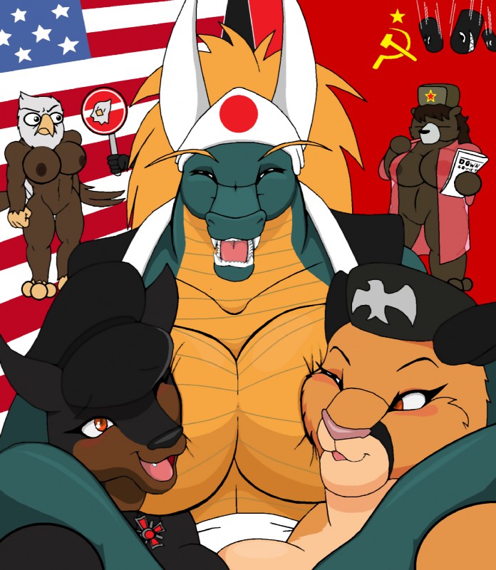 american_flag anthro bathrobe big_breasts black_nose breast_squish breasts brown_hair brown_nipples clothing eyes_closed fangs female field_marshall flag german germany group hair hammer_and_sickle horn italy japan long_hair nipples nude one_eye_closed parody pointy_ears prick_ears robe russia russian soviet_union squish teeth third_reich united_states_of_america wink world_war world_war_2 droll3 mario_bros mythology nintendo anya_(droll3) ayame_(droll3) christina_(droll3) commander janine_(droll3) lena_(droll3) accipitrid accipitriform avian bald_eagle bear bird bullet_bill canid canine canis cougar dobermann domestic_dog dragon eagle felid feline mammal mythological_creature mythological_scalie pinscher reptile scalie sea_eagle hi_res