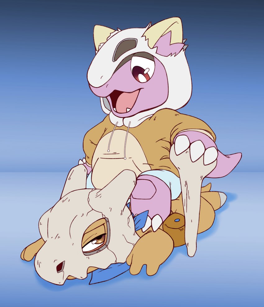 bone bullying clothed clothing duo hoodie onesie open_mouth sitting sitting_on_another topwear starampharos nintendo pokemon jesse_khan baby_kangaskhan cubone generation_1_pokemon generation_6_pokemon mega_evolution mega_kangaskhan pokemon_(species) hi_res