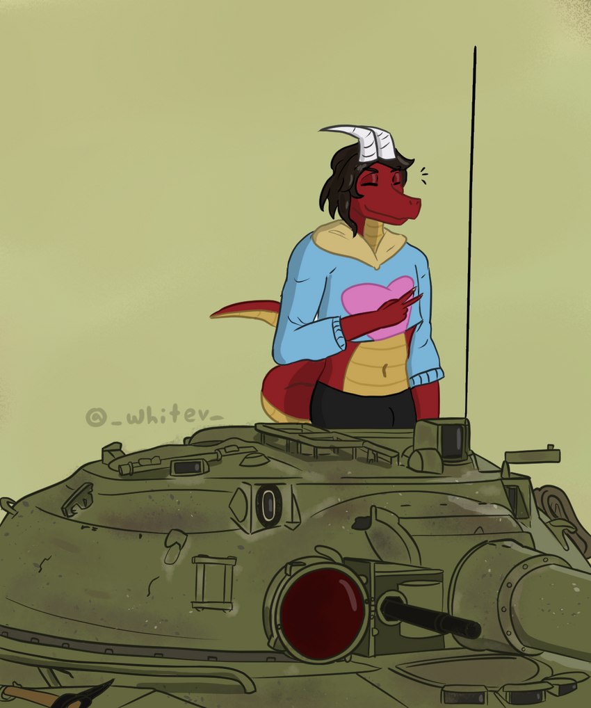 anthro clothed clothing eyes_closed gesture horn male object_279_(tank) simple_background smile solo standing tail tank vehicle conditional_dnp whitev mythology ethy_(toastydino) dragon mythological_creature mythological_scalie scalie hi_res