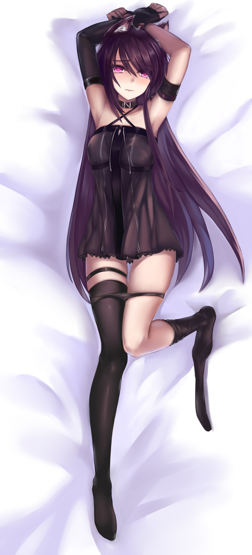 blush bound clothing collar dress female hair hands_tied legwear long_hair looking_at_viewer lying pink_eyes solo stockings lanse_dai_mao arknights hypergryph studio_montagne melantha_(arknights) animal_humanoid felid felid_humanoid humanoid mammal mammal_humanoid 2019 absurd_res hi_res