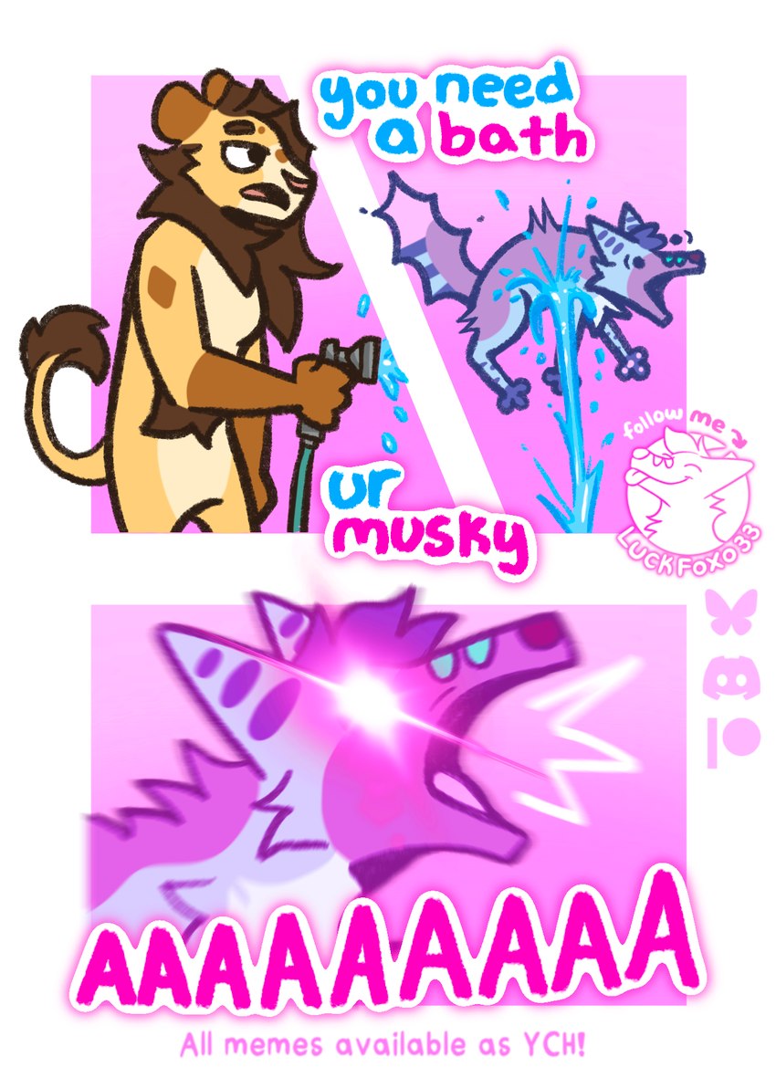 ambiguous_gender anthro bath bathing cleaning comic_panel dialogue duo feral hose shower silly spray spraying spraying_water water luckfoxo33 tatum_koenig tolng canid canine felid fox lion mammal pantherine comic hi_res meme