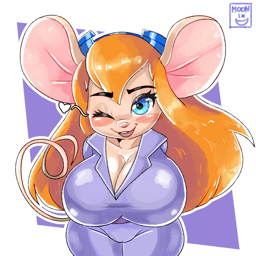 anthro big_breasts big_butt blonde_hair blue_eyes blush breasts butt clothed clothing eyewear female fur genitals hair huge_breasts looking_at_viewer simple_background smile solo tail thick_thighs wide_hips moonix_xero chip_'n_dale_rescue_rangers disney gadget_hackwrench mammal mouse murid murine rodent absurd_res digital_media_(artwork) hi_res