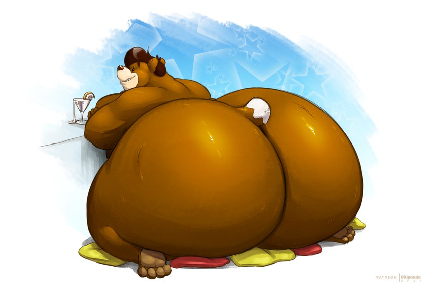 anthro beverage big_butt brown_body brown_fur brown_hair butt fur hair huge_butt hyper hyper_butt male nude overweight overweight_anthro overweight_male simple_background solo gillpanda cinna_(megacoolbear) bear mammal 2021 hi_res