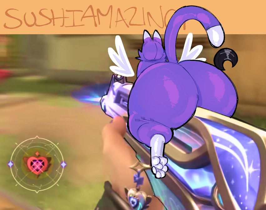 ambiguous_gender big_butt butt dreamwing_lunari_(valorant) feral first_person_view fur gameplay_mechanics gun holding_gun holding_object holding_ranged_weapon holding_rifle holding_weapon multicolored_ears on_object outside purple_body purple_ears purple_fur purple_tail purple_wings ranged_weapon rear_view rifle solo tail text thick_thighs two_tone_ears two_tone_tail weapon wings sushiamazing riot_games tencent valorant evori_dreamwings_(valorant) domestic_cat felid feline felis mammal 2024 artist_name digital_media_(artwork) hi_res