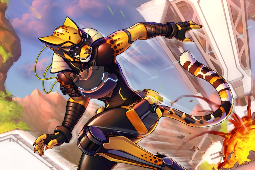 5_fingers anthro biped clothed clothing detailed_background explosion eyewear eyewear_on_head fingers fur gloves goggles goggles_on_head handwear male mechanical_leg outside running solo tail yellow_body yellow_fur rollwulf apex_legends electronic_arts respawn_entertainment cheetah felid feline mammal 2021 hi_res