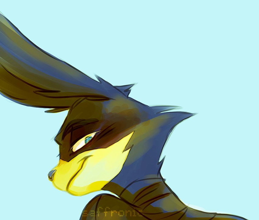 anthro black_body black_fur black_nose blue_eyes closed_smile clothing ears_front fur head_turned looking_at_viewer looking_back looking_back_at_viewer male mouth_closed narrowed_eyes rear_view simple_background smile solo topwear yellow_body yellow_fur saffronic loonatics_unleashed looney_tunes warner_brothers ace_bunny lagomorph leporid mammal rabbit 2019 bust_portrait portrait