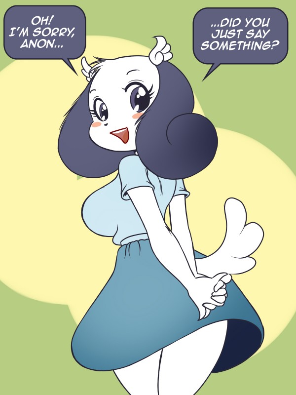 anthro big_breasts black_body black_fur blue_eyes breasts clothed clothing dialogue female fully_clothed fur open_mouth solo text white_body white_fur chochi bittersweet_candy_bowl rachel_(bcb) canid canine canis domestic_dog mammal 2019 3:4 english_text hi_res