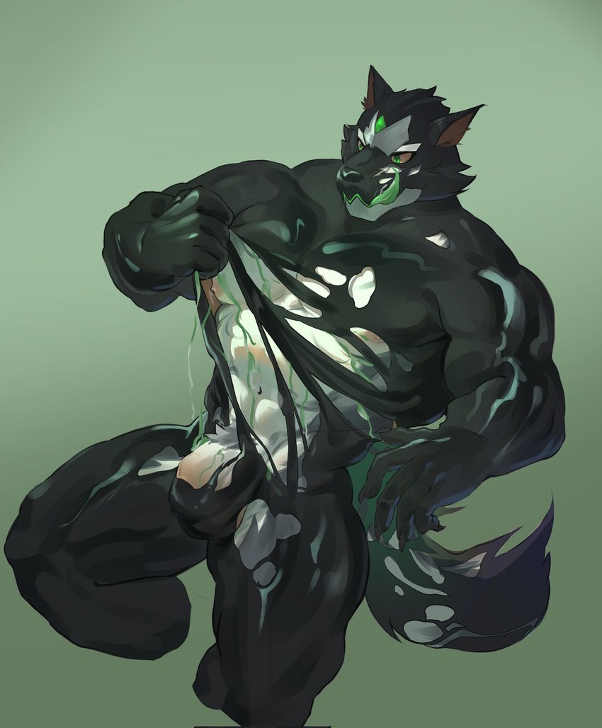 abs anthro balls biceps bodysuit clothing flaccid genitals goo_suit green_eyes licking licking_lips male muscular muscular_anthro muscular_male nipples pecs penis red_sclera skinsuit slime solo supervillain tight_clothing tongue tongue_out tian_qi_qing lifewonders live_a_hero monomasa canid canine canis domestic_dog husky mammal nordic_sled_dog spitz hi_res