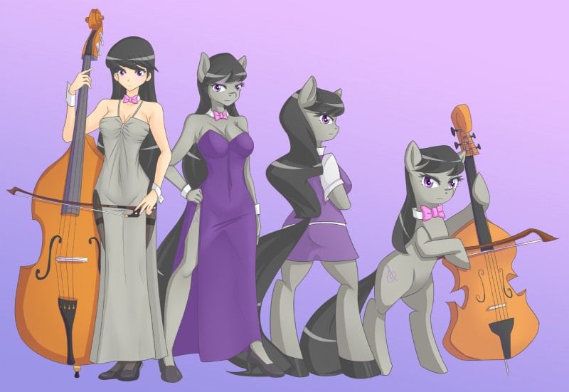 anthro black_hair bow_(feature) bow_(stringed_instrument) bow_tie bowed_string_instrument breasts cello cleavage clothed clothing cutie_mark dress female feral footwear group hair hand_on_hip high_heels long_hair looking_at_viewer looking_back musical_instrument purple_background purple_eyes shoes simple_background standing string_instrument jonfawkes friendship_is_magic furry_scale hasbro my_little_pony octavia_(mlp) earth_pony equid equine horse human mammal pony 2014 hi_res