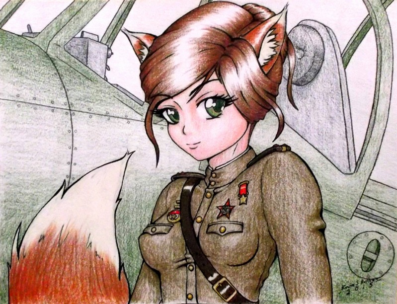 aircraft airplane brown_eyes brown_hair clothing female hair hair_bun medal military pilot smile solo straps text uniform vehicle warhawk kevin_s_rollins animal_humanoid canid canid_humanoid canine canine_humanoid cat_humanoid felid felid_humanoid feline feline_humanoid fox fox_humanoid humanoid mammal mammal_humanoid 2015 english_text half-length_portrait hi_res portrait traditional_media_(artwork)