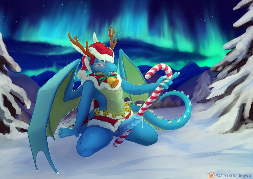 anthro aurora_(phenomenon) bell blue_body candy candy_cane cape christmas_clothing clothing dessert fir_tree food genitals holidays male mountain penis reindeer_hat scaled_penis snow solo tail wings winter skyvo christmas mythology dragon mythological_creature mythological_scalie scalie hi_res