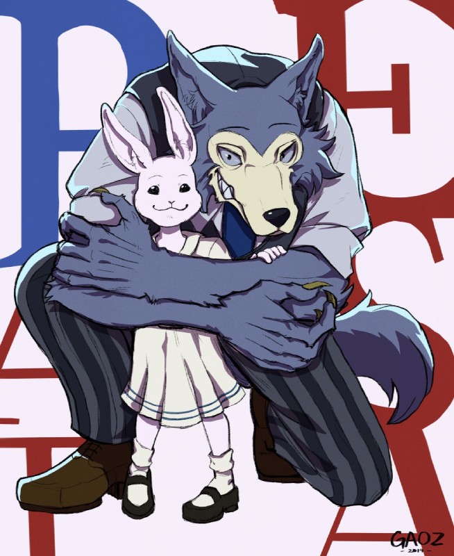 anthro clothing female fur grey_body grey_fur hug kneeling larger_male male size_difference smile white_body white_fur wolfgaoz beastars haru_(beastars) legoshi_(beastars) canid canine canis domestic_rabbit dwarf_rabbit lagomorph leporid mammal netherland_dwarf_rabbit oryctolagus rabbit wolf digital_media_(artwork) hi_res