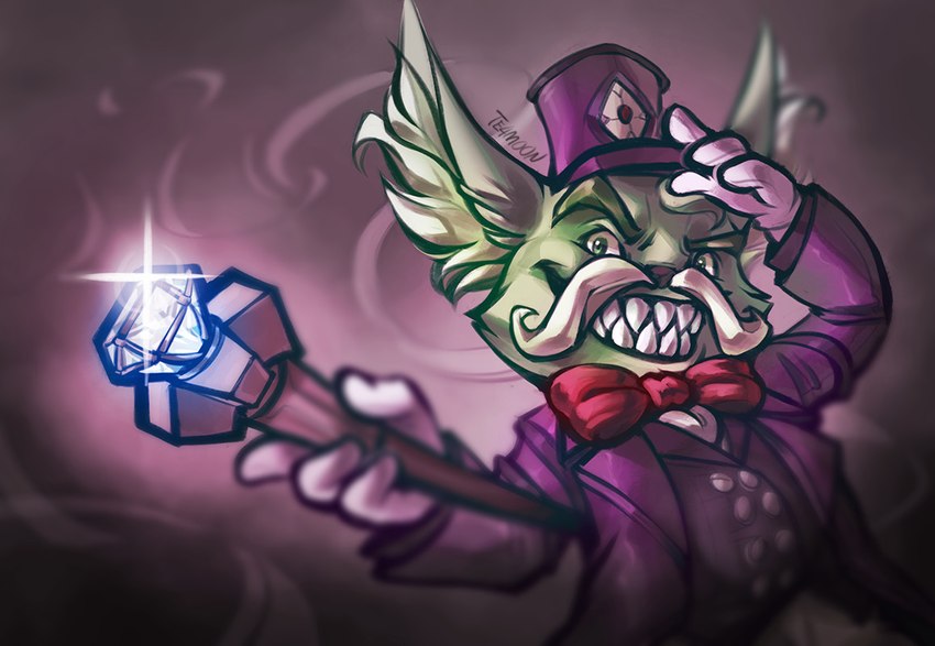 4_fingers anthro bow_tie cane clothing facial_hair fingers fluffy_ears fur furry_ears gem gloves green_body green_eyes green_fur handwear hat headgear headwear looking_at_viewer male mustache pointy_ears purple_clothing smile solo suit suit_jacket toothy_grin te4moon_(artist) league_of_legends riot_games tencent fan_character mammal yordle colored signature