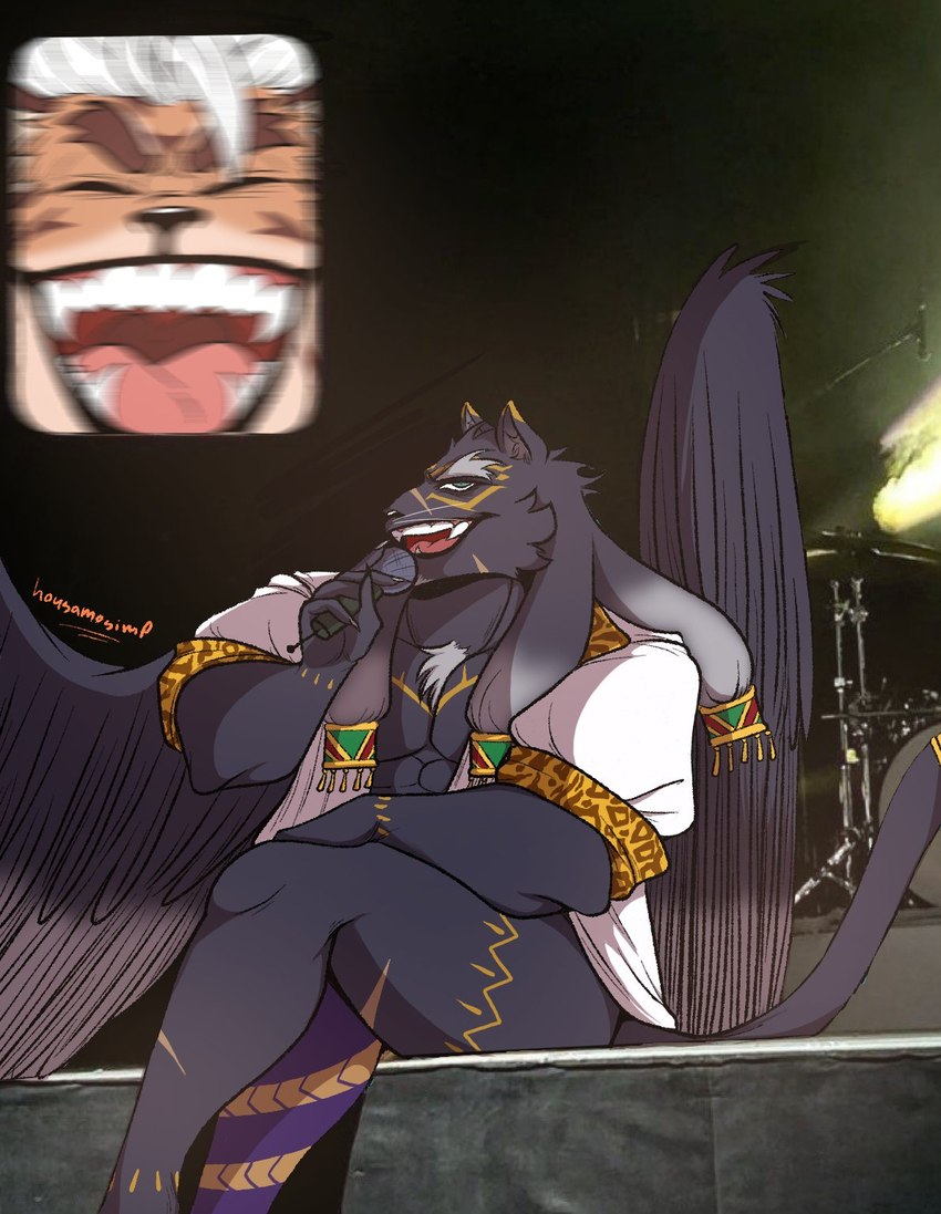 abs anthro black_body black_fur duo electronics fur humor male male/male microphone muscular muscular_anthro muscular_male orange_body orange_fur pecs screaming singing sitting wings housamosimp fan_screaming_at_madison_beer_performance lifewonders tokyo_afterschool_summoners hombre_tigre_(tas) tezcatlipoca_(tas) felid mammal pantherine tiger hi_res meme