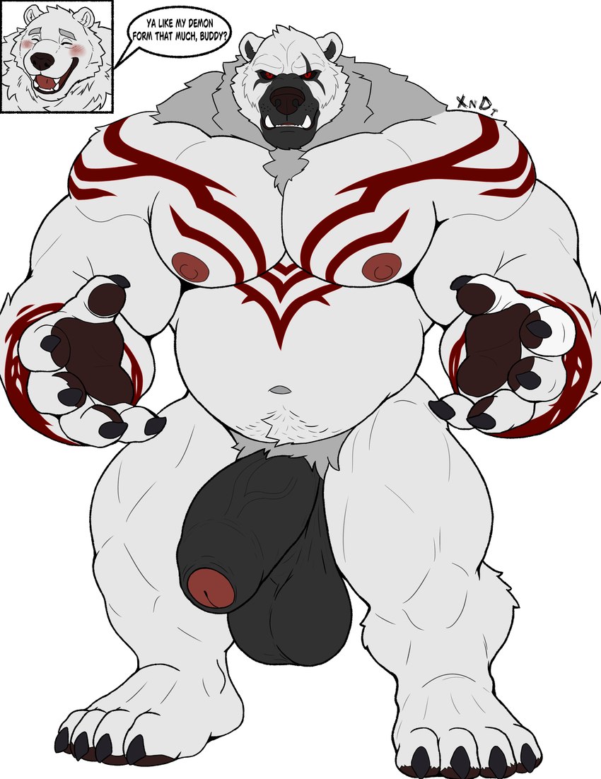 4_toes 5_fingers anthro balls belly biceps big_balls big_belly big_muscles big_penis black_sclera blush blush_lines claws crotch_tuft dialogue fangs feet fingers flaccid foreskin frown fur genitals happy huge_balls huge_muscles huge_penis humanoid_genitalia humanoid_penis inner_ear_fluff looking_at_viewer male markings multicolored_body multicolored_fur musclegut muscular muscular_anthro muscular_male navel nipples nude open_mouth pawpads paws pecs penis plantigrade red_eyes red_tattoo saggy_balls simple_background smile solo speech_bubble tattoo teeth text thick_thighs toes tuft tusks two_tone_body two_tone_fur vein white_body white_fur xyandrith bear demon mammal polar_bear ursine absurd_res hi_res