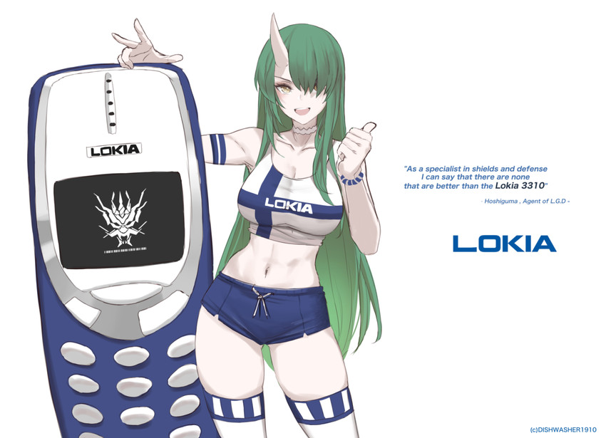 5_fingers bar_phone big_breasts bottomwear breasts cellphone clothing electronics female fingers gesture green_eyes green_hair hair hand_gesture horn not_furry phone shorts simple_background smile solo text thumbs_up white_background dishwasher1910 arknights hypergryph nokia studio_montagne hoshiguma_(arknights) nokia_3310 horned_humanoid humanoid 2020 english_text hi_res