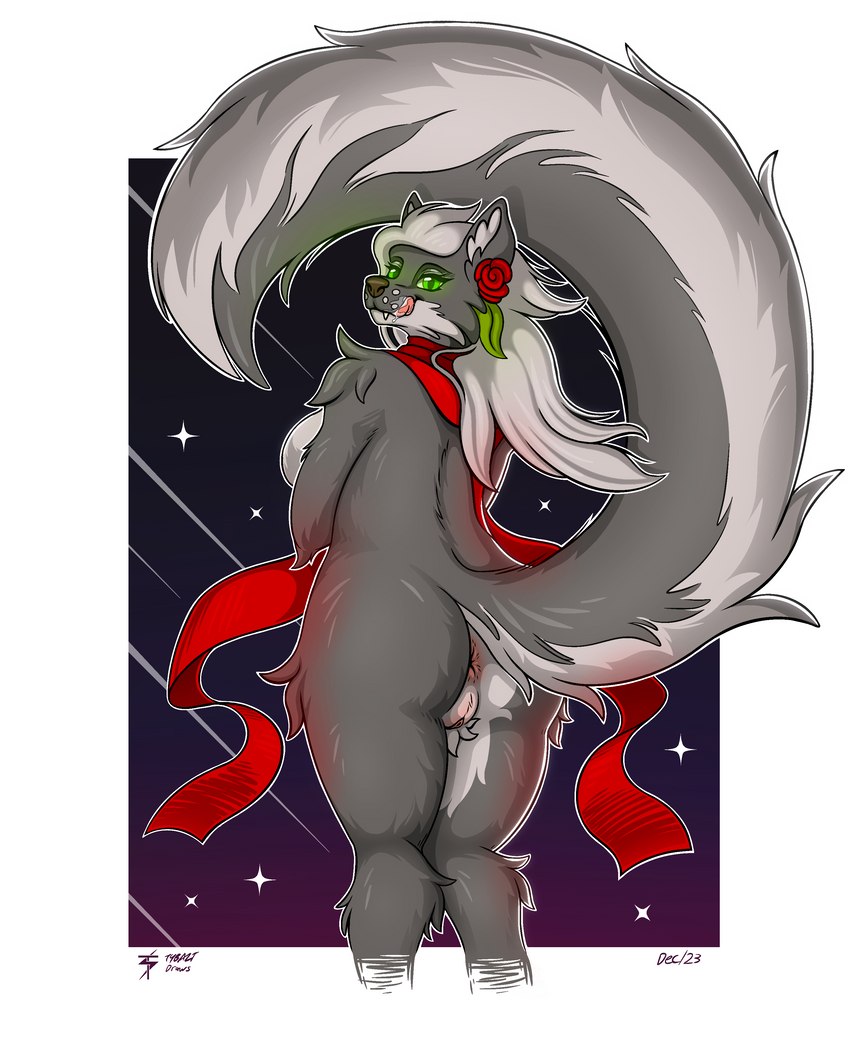 anthro anus butt female fluffy fluffy_tail fur genitals glowing glowing_eyes green_eyes grey_body grey_fur licking licking_lips looking_at_viewer pussy scarf simple_background solo tail tongue tongue_out tybalt_draws vulpa_(tybalt_draws) canid canine canis mammal wolf 2023 absurd_res hi_res