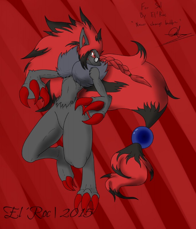 ambiguous_gender anthro eyewear glasses semi-anthro solo text el'roc nintendo pokemon fan_character sol_doliodos_(character) canid canine generation_5_pokemon mammal pokemon_(species) zoroark 2015 digital_media_(artwork) english_text hi_res