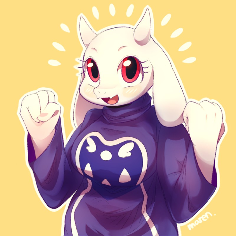 anthro female fur horn looking_at_viewer red_eyes simple_background solo white_body white_fur yellow_background marenlicious undertale undertale_(series) toriel boss_monster_(undertale) bovid caprine mammal 1:1 2015