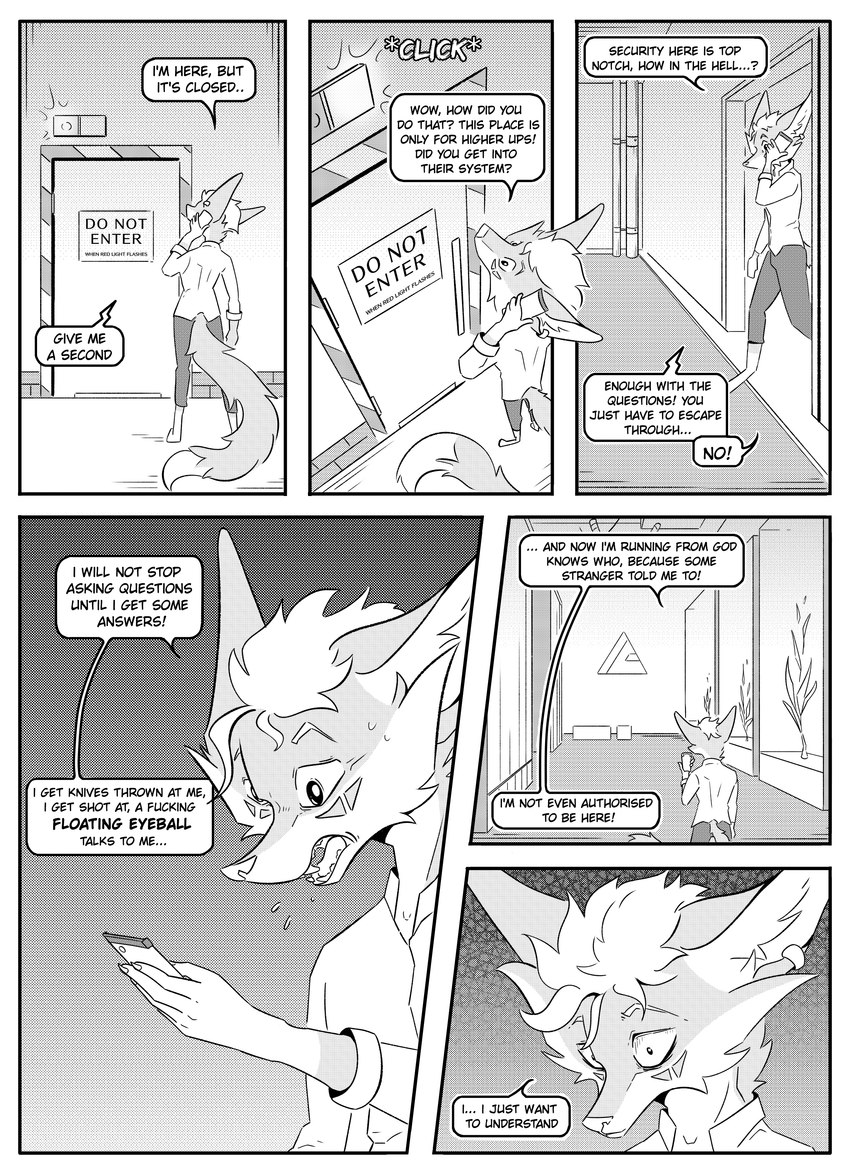 anthro cellphone clothed clothing dialogue door doorway ear_piercing electronics inner_ear_fluff inside looking_up male phone piercing profanity simple_background smartphone solo speech_bubble text tuft walking kifyun2 kif_yppreah canid canine fox mammal absurd_res black_and_white comic english_text hi_res monochrome