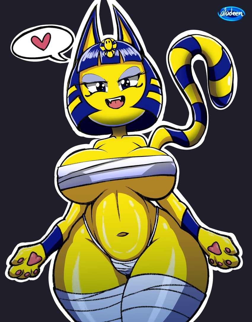 anthro biped blue_hair bob_cut breasts camel_toe clothed clothing eyelashes female hair looking_at_viewer open_mouth pupils smile solo thick_thighs uraeus yellow_body aladeen animal_crossing nintendo ankha_(animal_crossing) domestic_cat felid feline felis mammal absurd_res digital_media_(artwork) hi_res