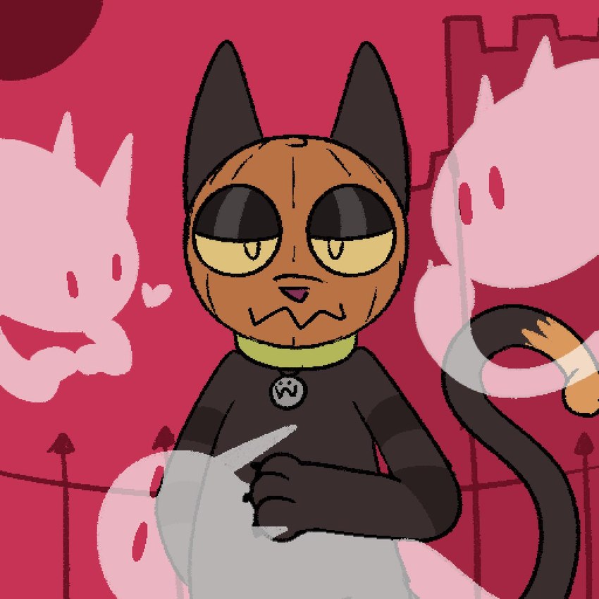 ambiguous_gender anthro biped black_body black_fur collar fur group heart_symbol looking_at_viewer orange_eyes red_background simple_background white_body silly_imp domestic_cat felid feline felis ghost mammal spirit 1:1