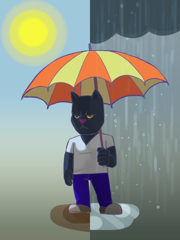 chibi clothing frown male puddle raincloud raining shadow shirt solo sun topwear umbrella white_clothing white_shirt white_topwear alexyorim domestic_cat felid feline felis mammal 2018 3:4 absurd_res digital_media_(artwork) hi_res