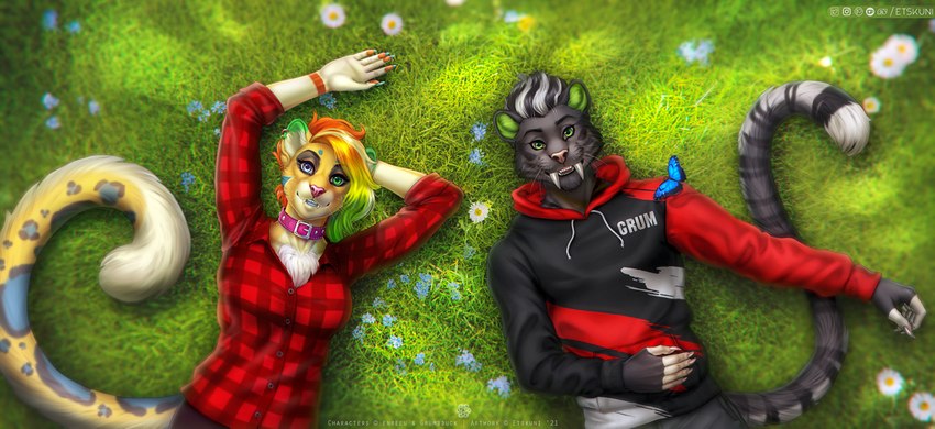 5_fingers anthro black_clothing black_hoodie black_topwear breasts carrying_another clothed clothing collar detailed_ambient_creature detailed_background duo_focus ear_piercing ear_ring fangs female fingerless_(marking) fingers fur grass green_eyes grey_body grey_fur group hair heterochromia hoodie leopard_spots lying lying_on_ground male markings multicolored_hair on_back on_ground on_shoulder open_mouth pattern_clothing pattern_shirt pattern_topwear piercing pink_collar plaid plaid_clothing plaid_shirt plaid_topwear plant red_clothing red_hoodie red_shirt red_topwear ring_piercing sabertooth_(anatomy) shirt smile spots spotted_body spotted_fur striped_body striped_fur stripes teeth text text_on_clothing text_on_hoodie text_on_topwear topwear trio two_tone_hair yellow_body yellow_fur etskuni enreeu grum_(grumbbuck) ambient_arthropod ambient_butterfly ambient_insect arthropod butterfly felid feline insect leopardus lepidopteran mammal ocelot prehistoric_species saber-toothed_tiger digital_media_(artwork) digital_painting_(artwork) shaded soft_shading