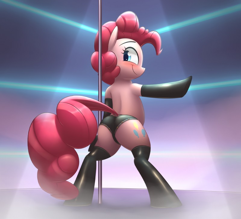 blue_eyes blush butt clothing cutie_mark dock_(anatomy) female feral hair legwear looking_back panties pink_hair pole smile solo stripper_pole tail thigh_highs underwear june34rd shinodage friendship_is_magic hasbro my_little_pony pinkie_pie_(mlp) earth_pony equid equine horse mammal pony 2016 artist_collaboration hi_res